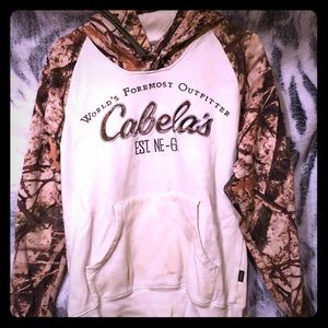 Cabelas White Hooded Sweatshirt with Camo Sleeves